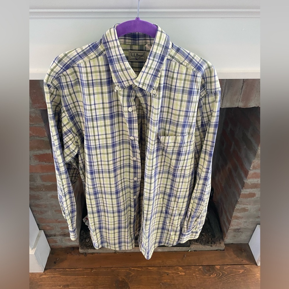 Mens LL Bean Checkered Blue Yellow Medium Button Down 100% Cotton Long S…